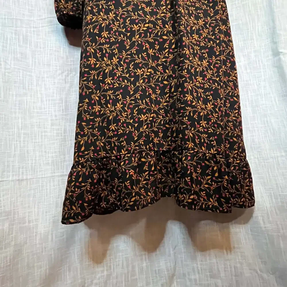 Floral Black Red Long Sleeve Faux Wrap Dress asymmetrical hem ruffle M prairie - Picture 5 of 8